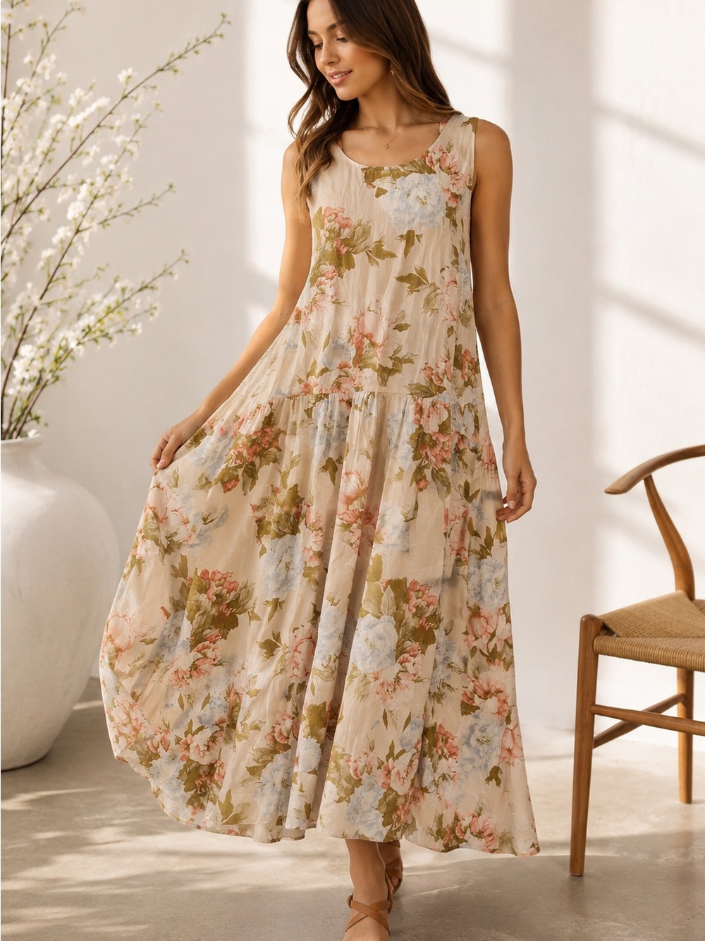A.N.A Sleeveless Round Neck Floral Midi Drop Waist Dress - Eve Floral